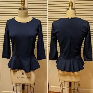 Ann Taylor Ponte Knit Navy Peplum 3/4 Sleeve Top S